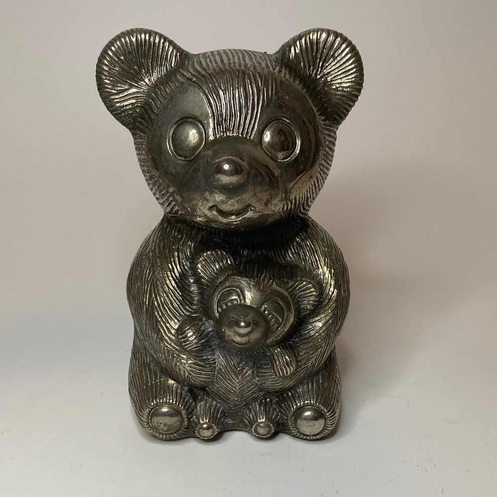 Vintage Silver Plated Teddy Bear Coin Bank